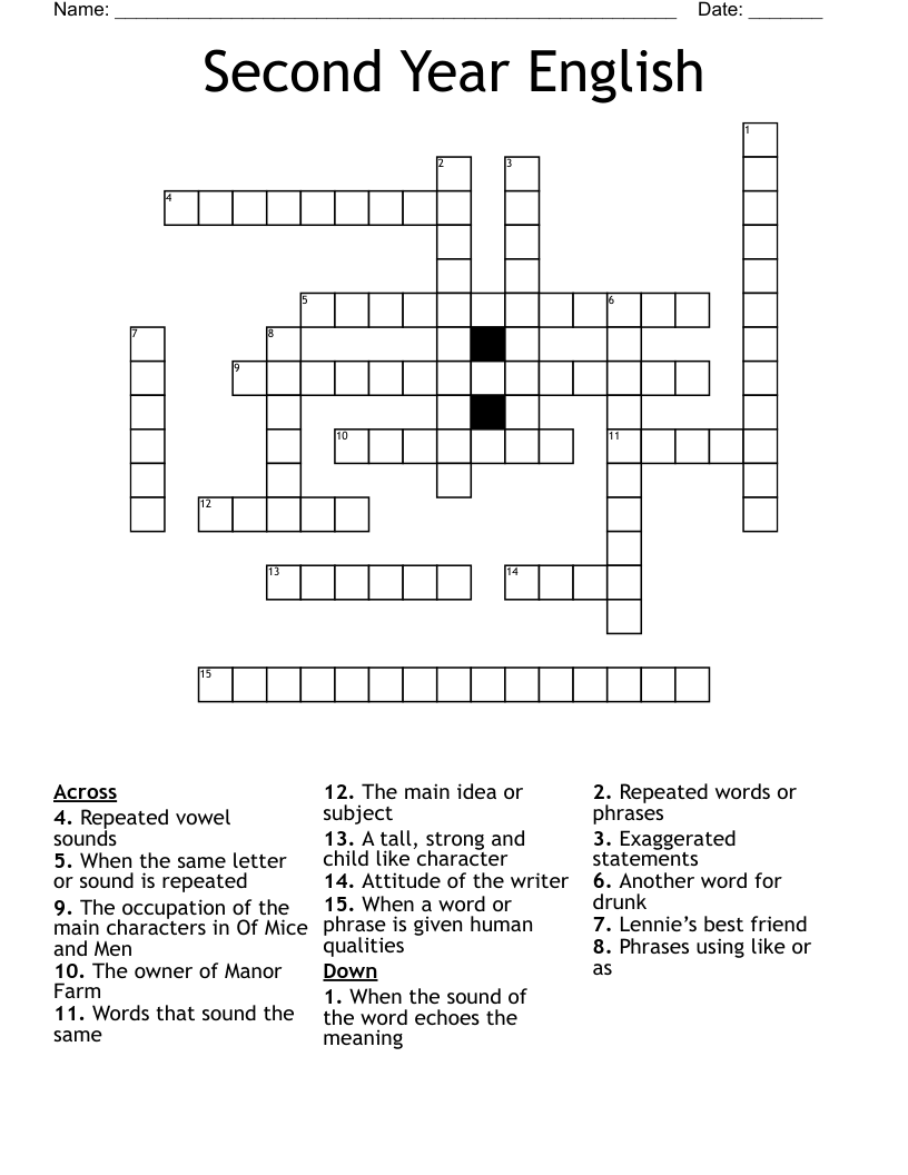 Second Year English Crossword