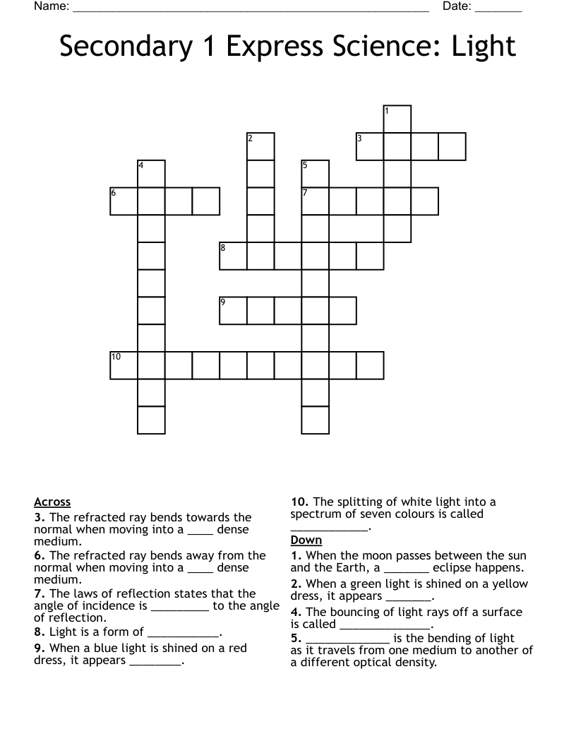 Secondary 1 Express Science: Light Crossword