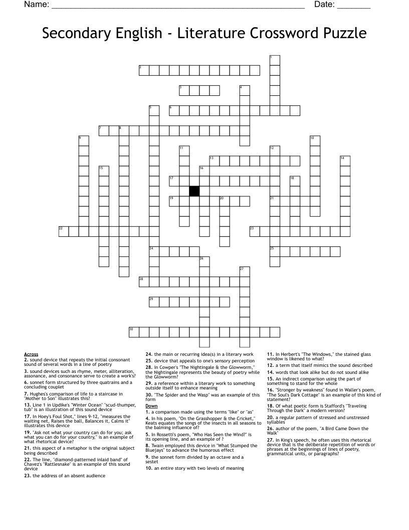 Secondary English - Literature Crossword Puzzle