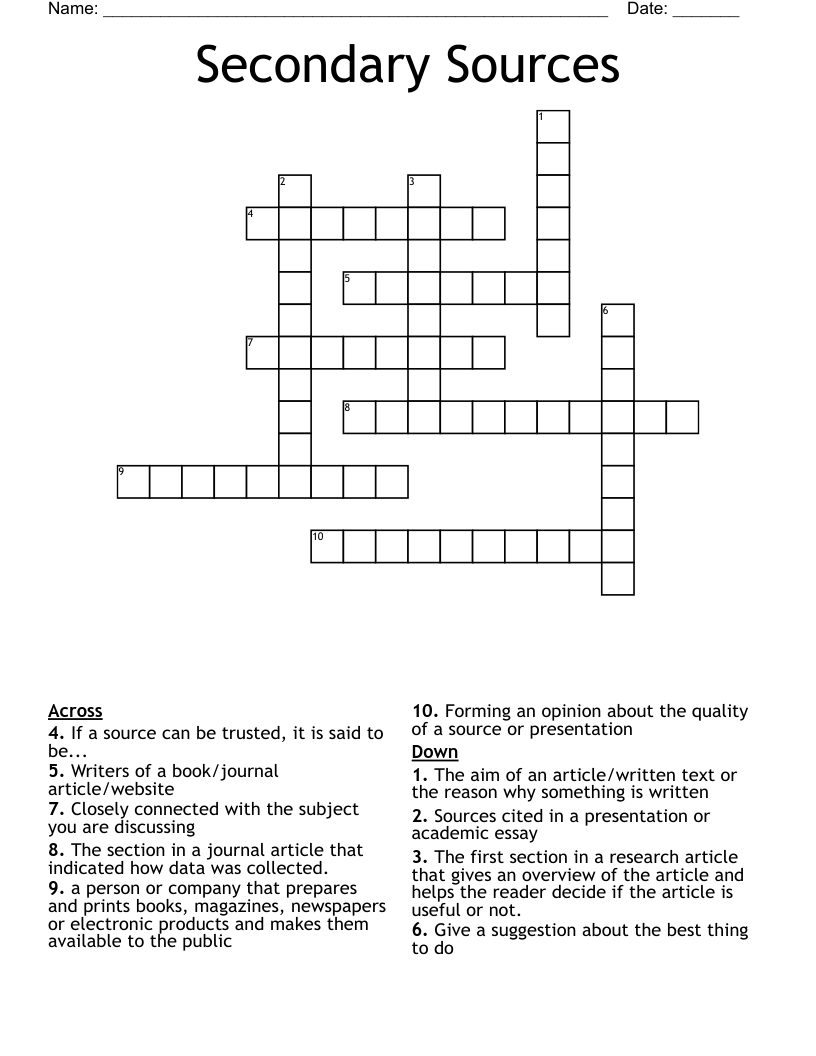 Secondary Sources Crossword