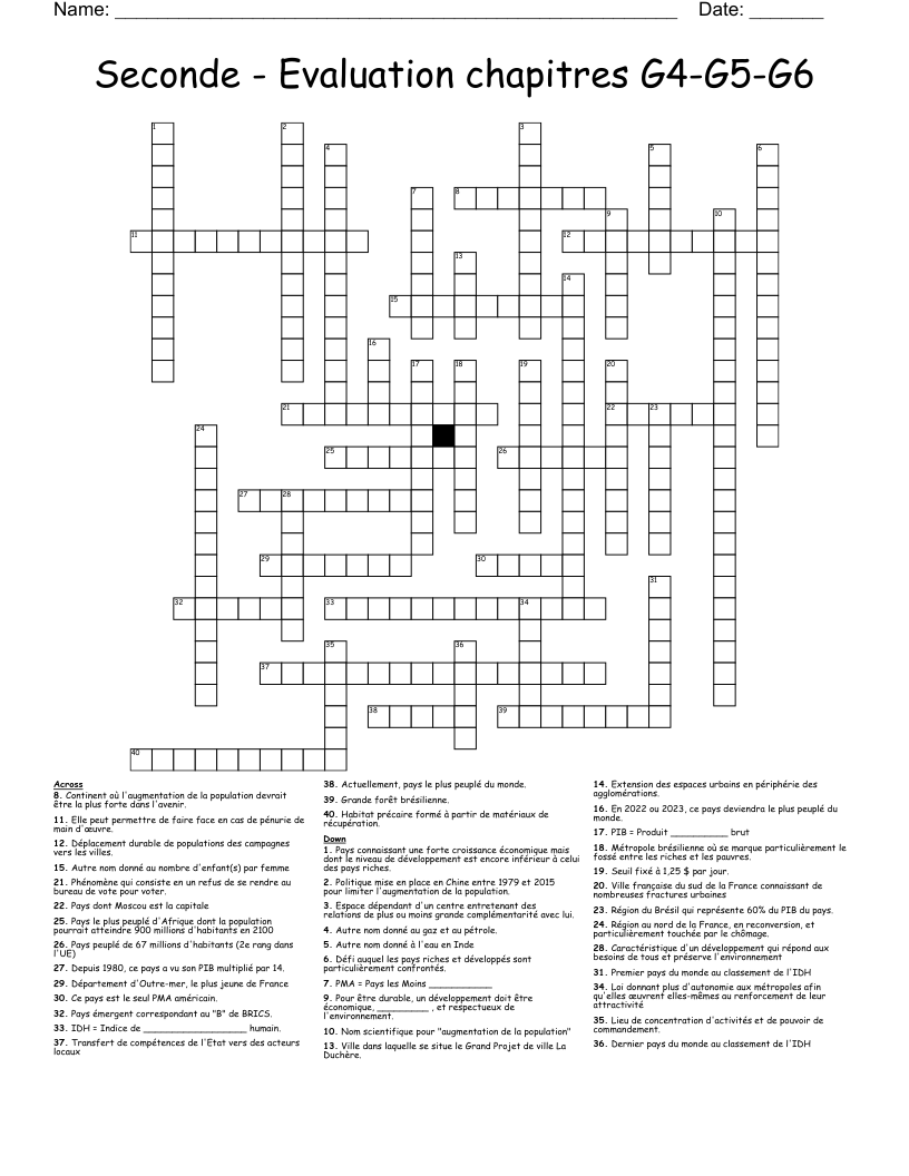 Seconde - Evaluation chapitres G4-G5-G6 Crossword