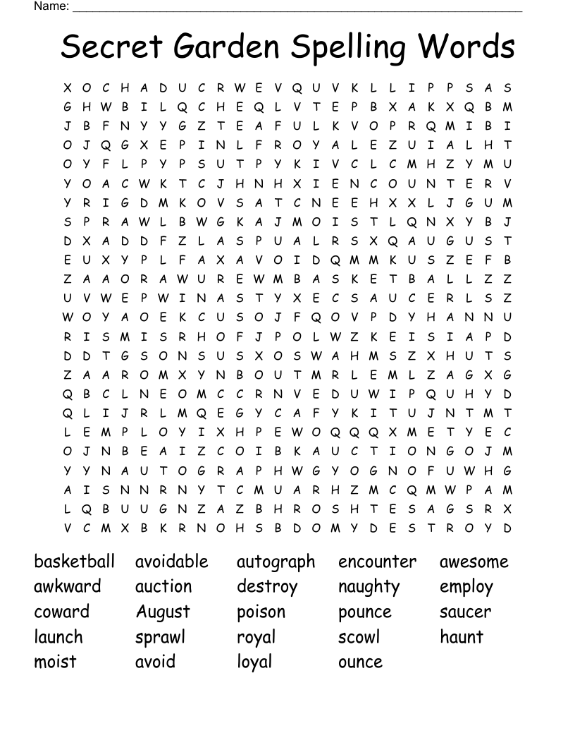 Secret Garden Spelling Words Word Search
