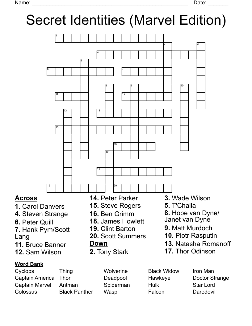 Secret Identities (Marvel Edition) Crossword
