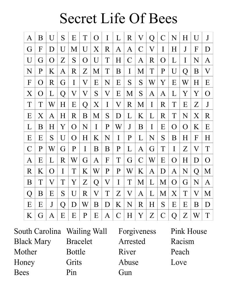 Secret Life Of Bees Word Search