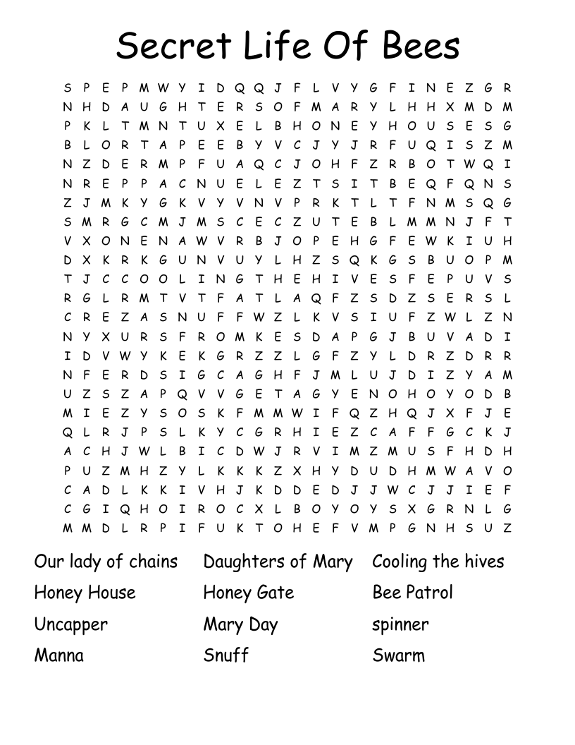 Secret Life Of Bees Word Search