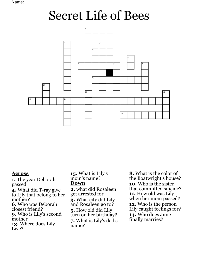 Secret Life of Bees Crossword