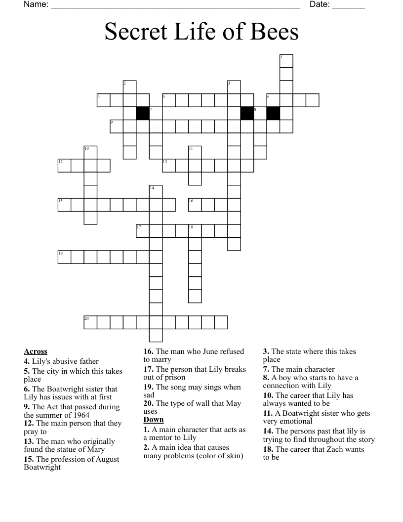 Secret Life of Bees Crossword