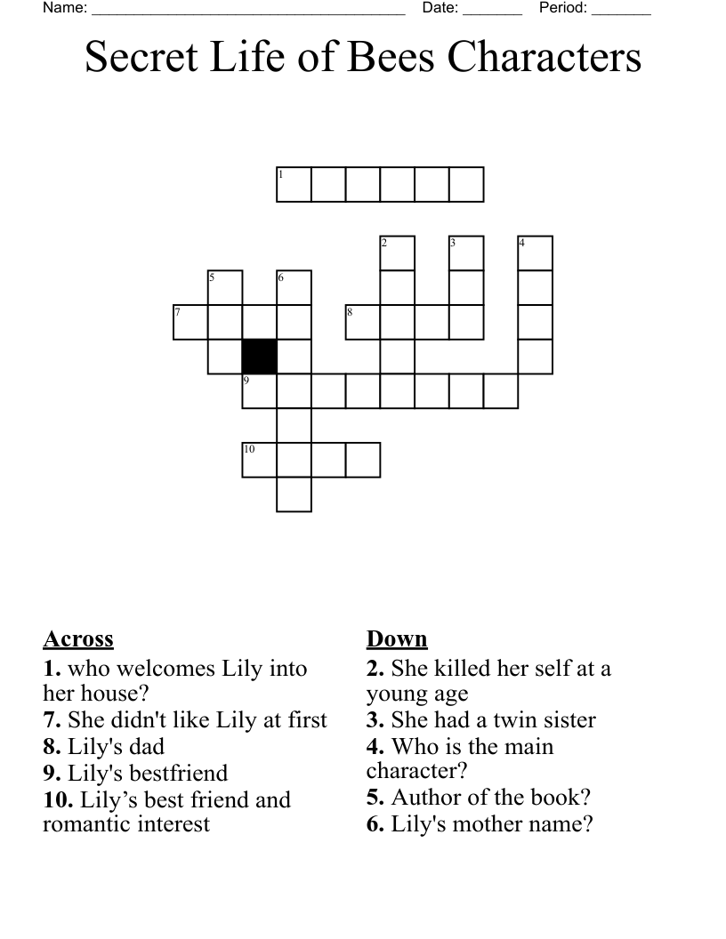 Secret Life of Bees Characters Crossword