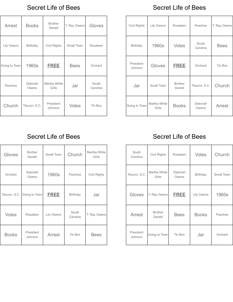 Secret Life of Bees  Bingo Cards