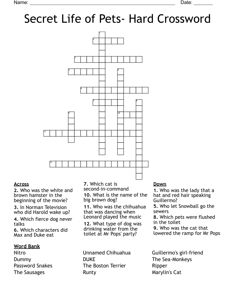 Secret Life of Pets- Hard Crossword