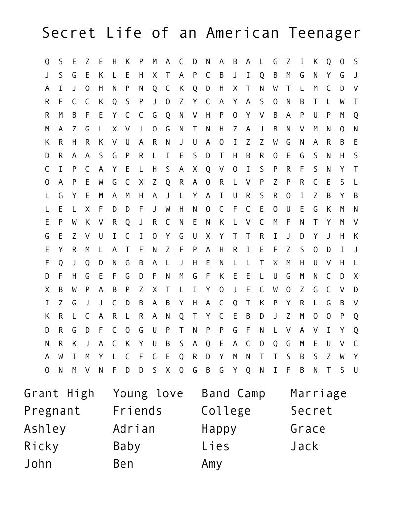 Secret Life of an American Teenager Word Search