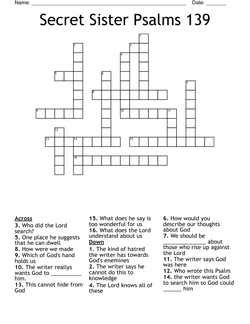 Secret Sister Psalms 139 Crossword