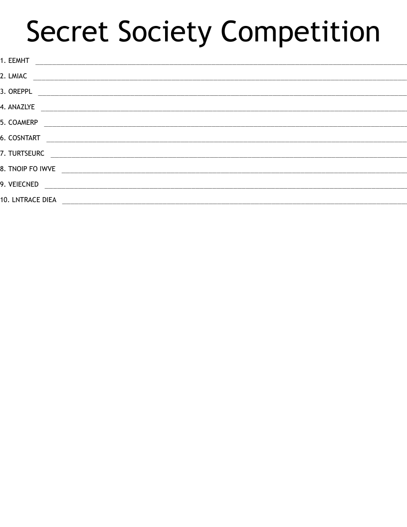 Secret Society Competition Word Scramble
