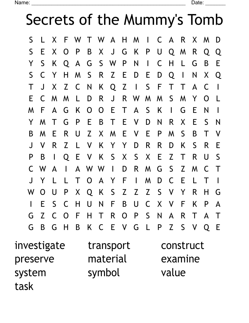 Secrets of the Mummy's Tomb Word Search