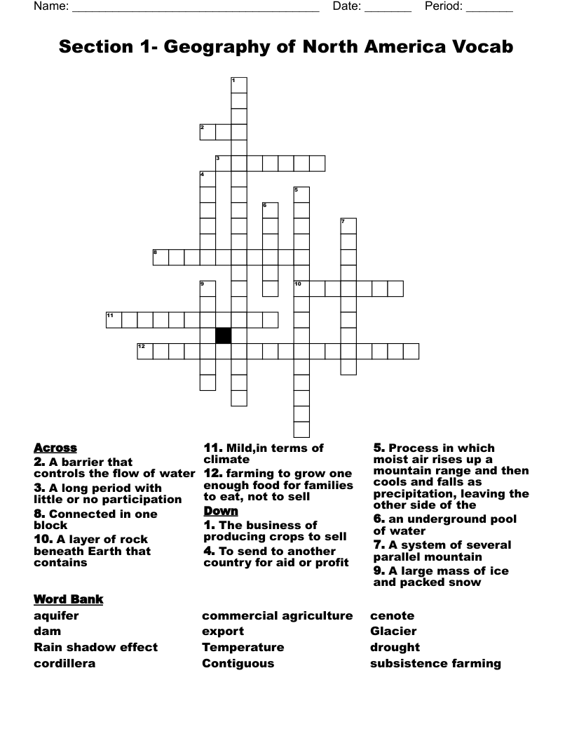 Section 1- Geography of North America Vocab Crossword