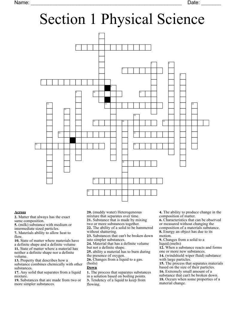 Section 1 Physical Science Crossword