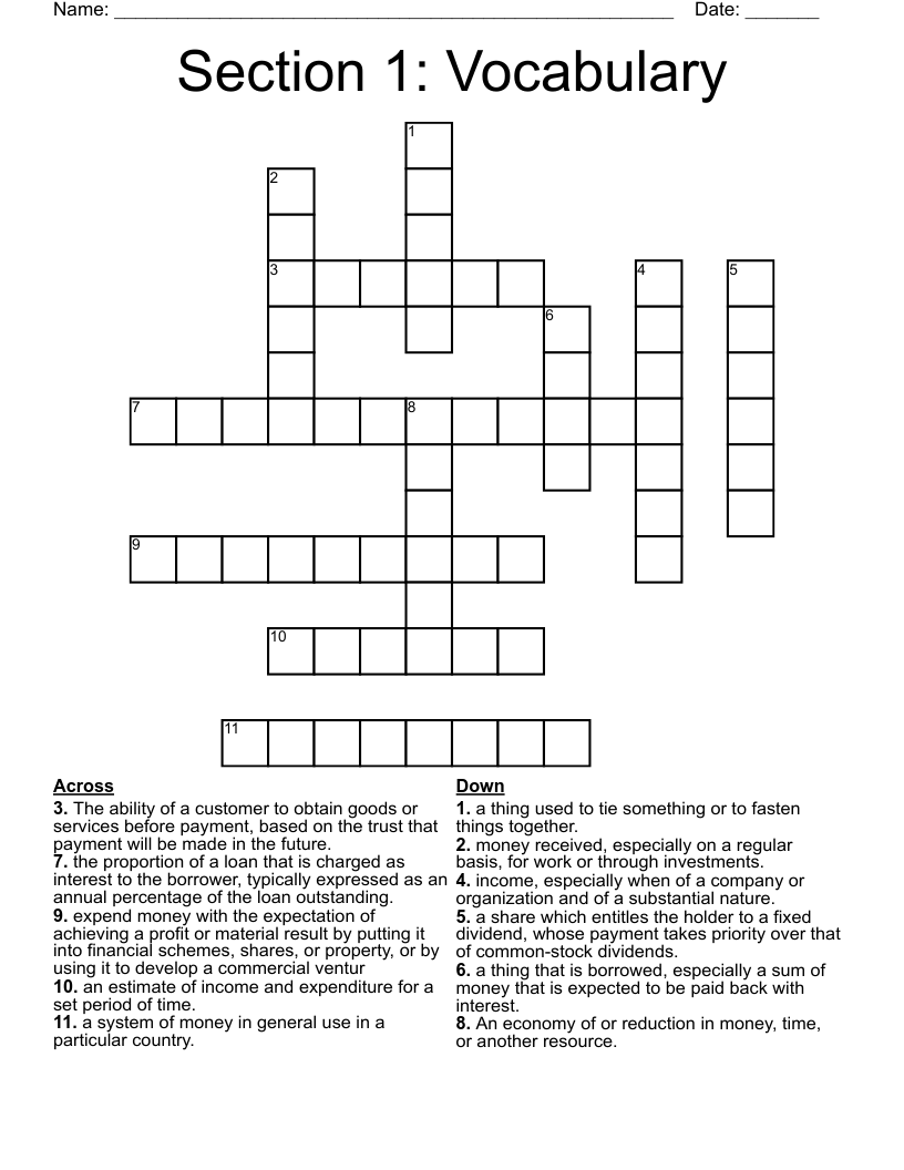 Section 1: Vocabulary Crossword