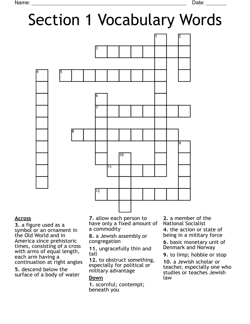 Section 1 Vocabulary Words Crossword