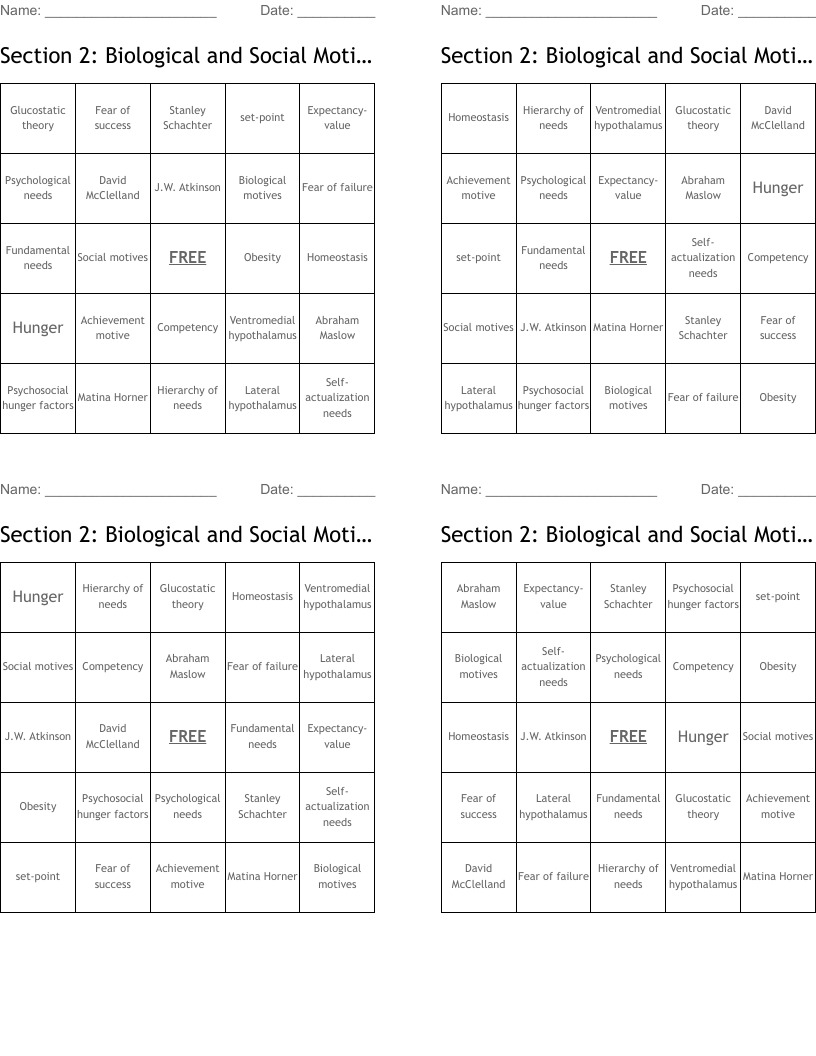Section 2: Biological and Social Motives Bingo Cards