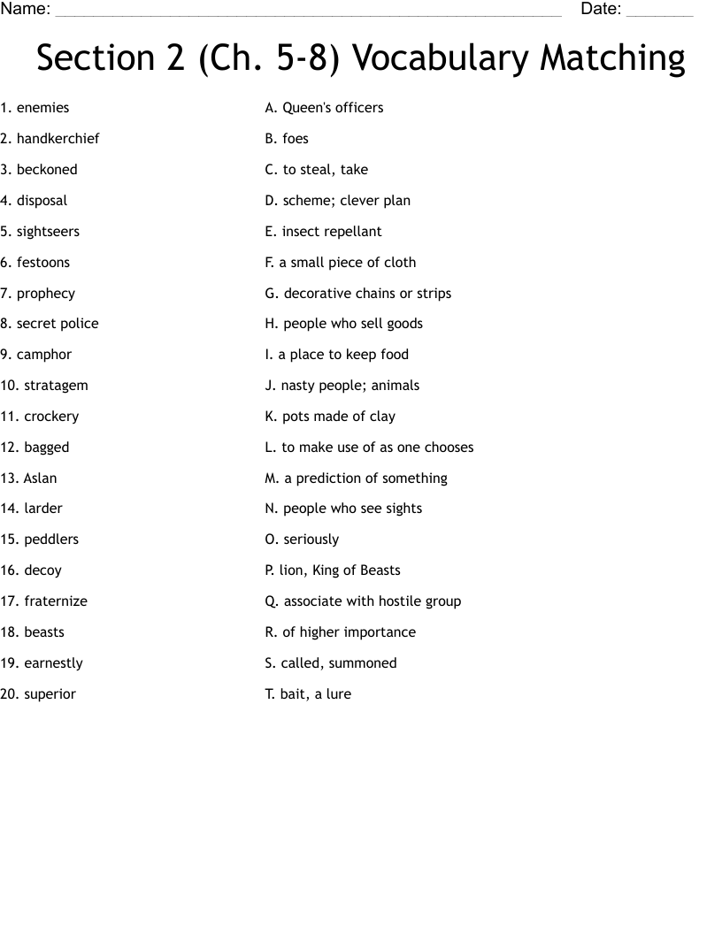 Section 2 (Ch. 5-8) Vocabulary Matching Worksheet