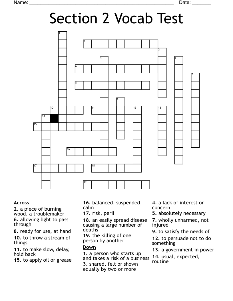 Section 2 Vocab Test Crossword