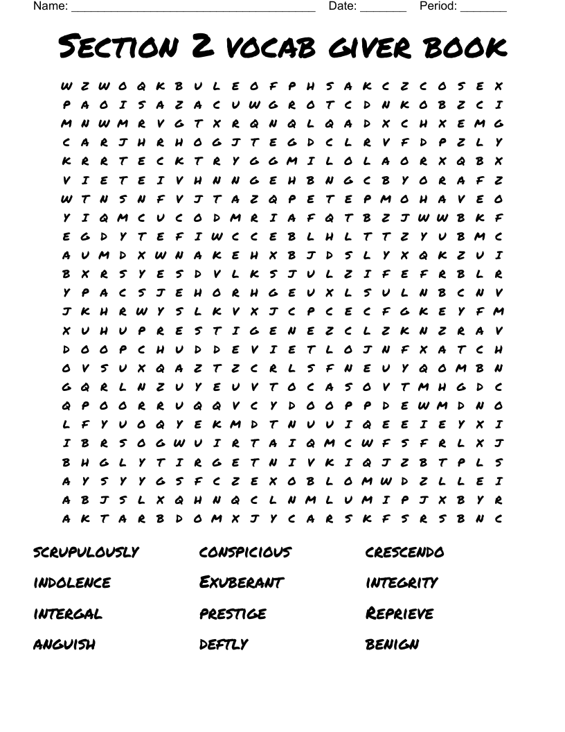 Section 2 vocab giver book Word Search