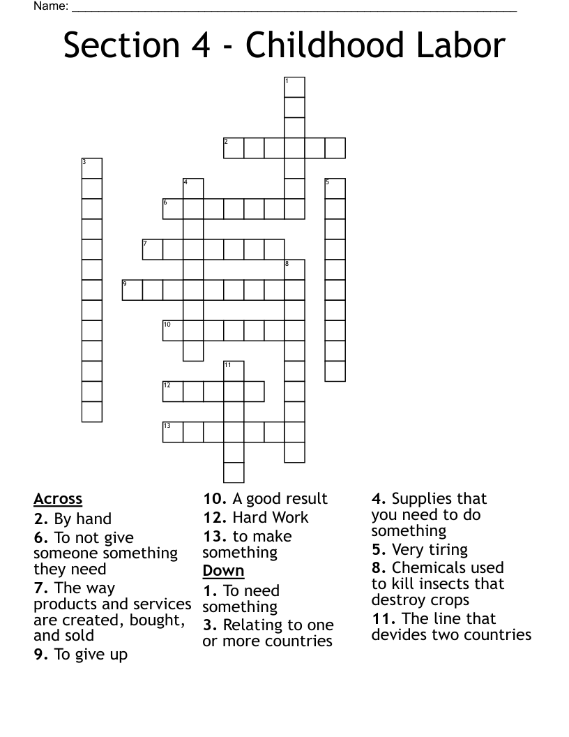 Section 4 - Childhood Labor Crossword