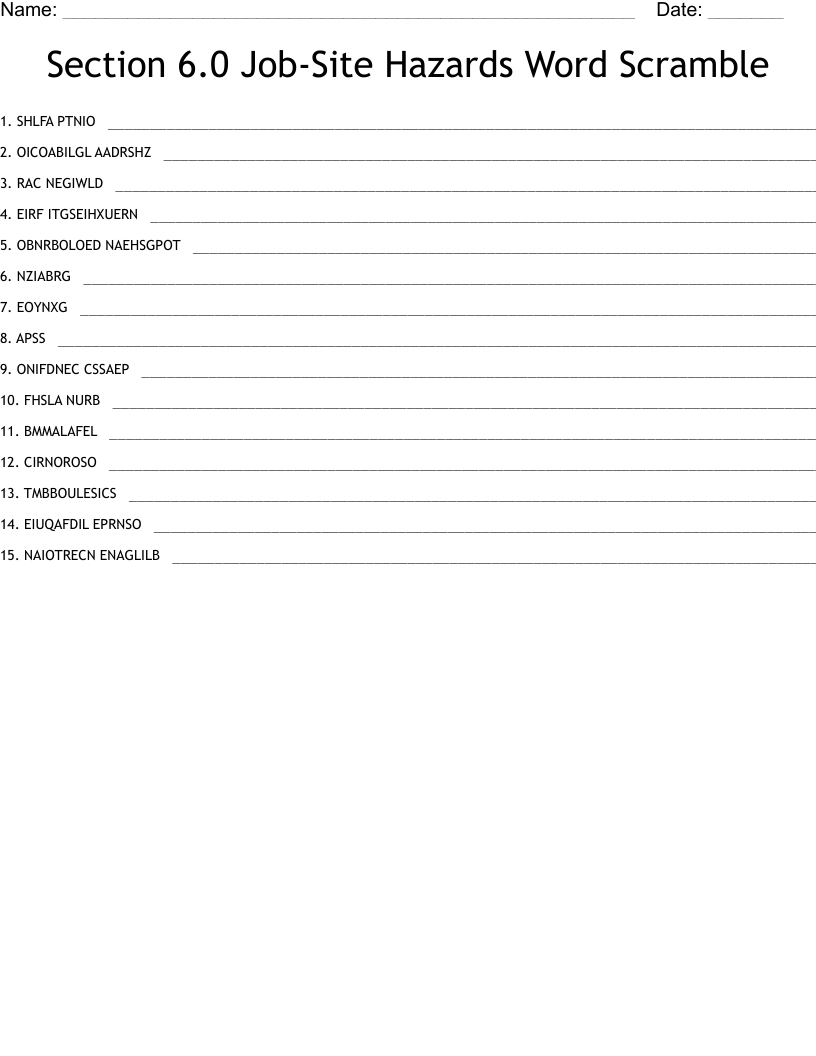 Section 6.0 Job-Site Hazards Word Scramble 