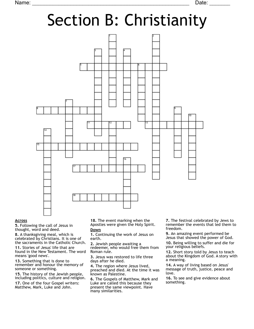 Section B: Christianity Crossword