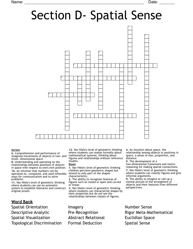 Section D- Spatial Sense  Crossword