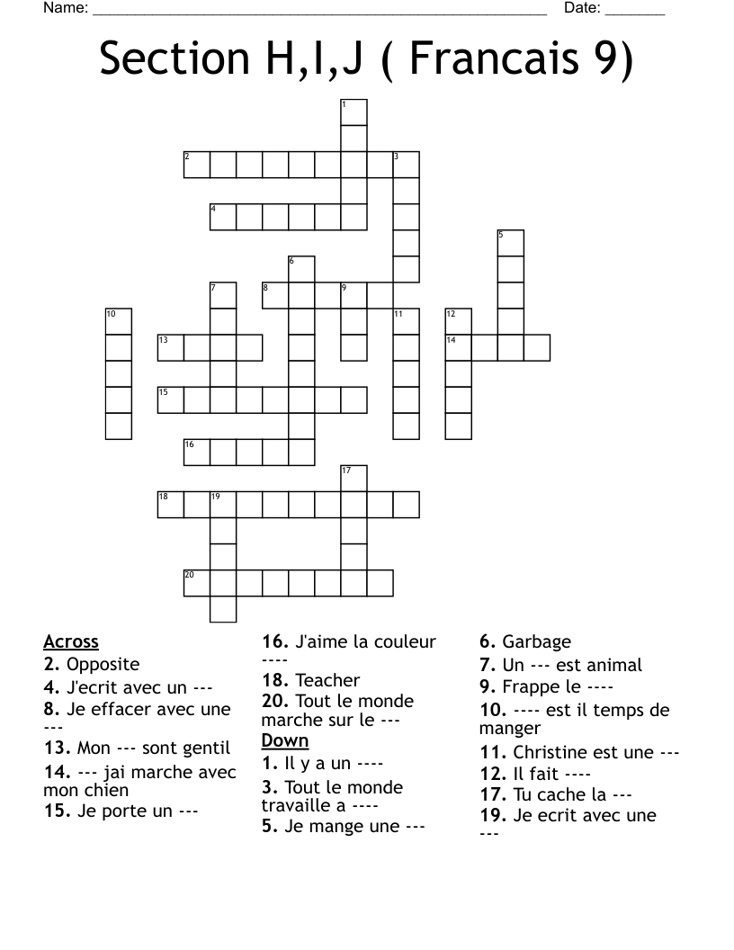 Section H,I,J ( Francais 9) Crossword
