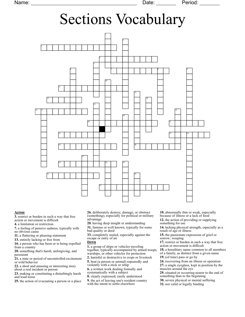 Sections Vocabulary Crossword