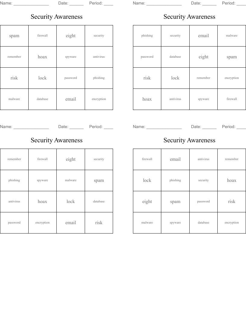 Security Awareness Bingo Cards