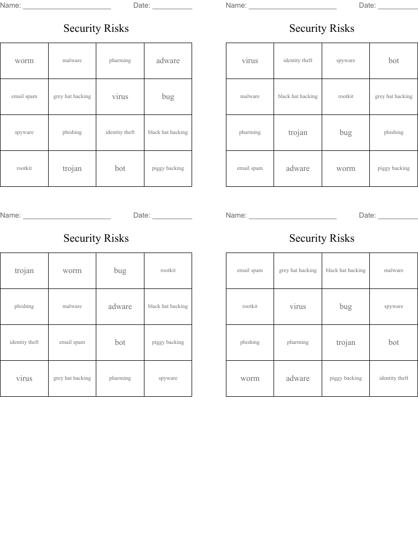 Security Risks Bingo Cards