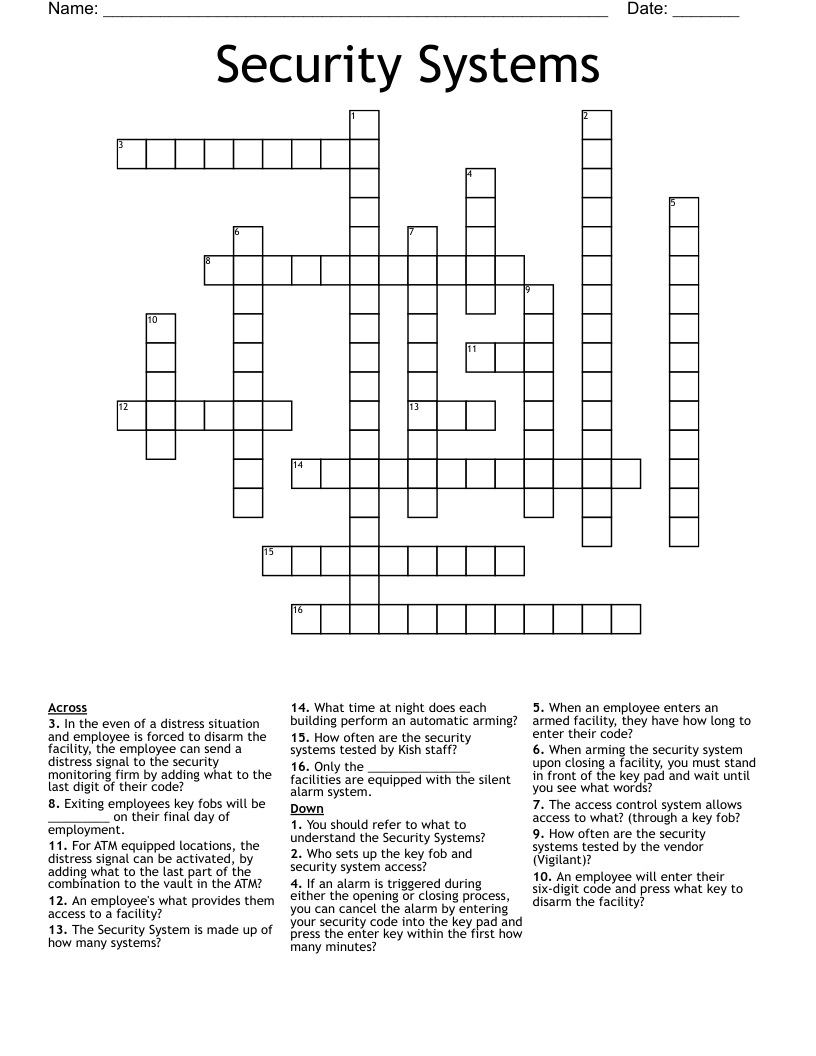 Security Systems Crossword