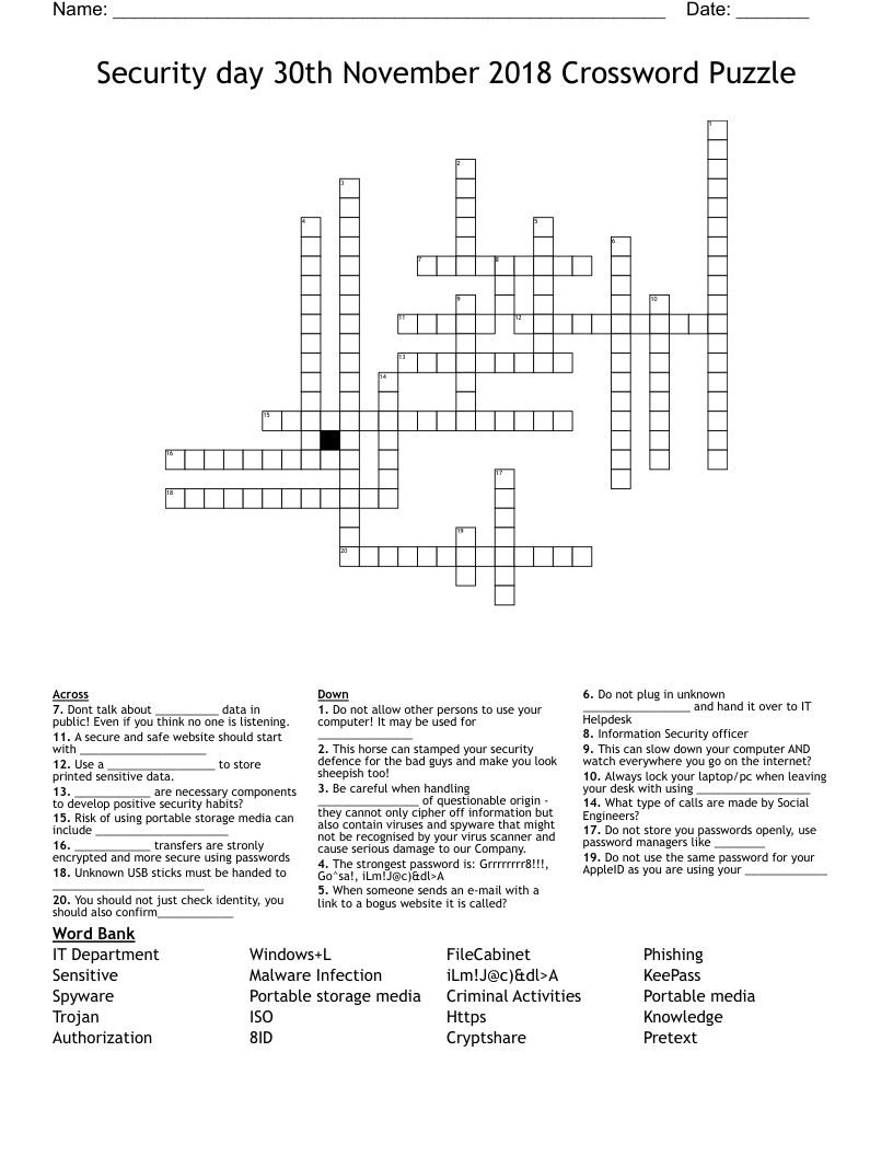 Security day 30th November  2018 Crossword Puzzle