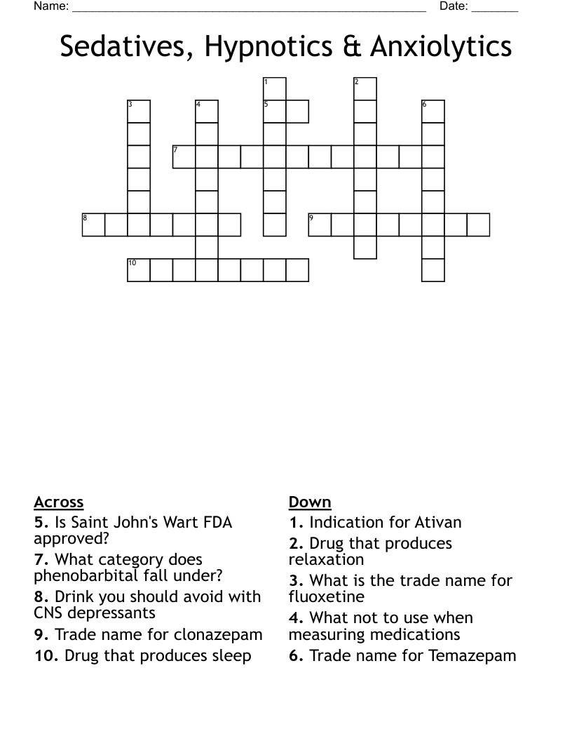Sedatives, Hypnotics & Anxiolytics Crossword