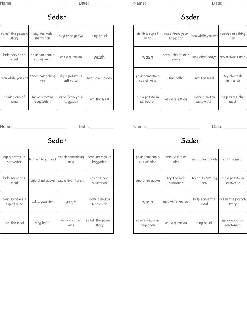 Seder  Bingo Cards