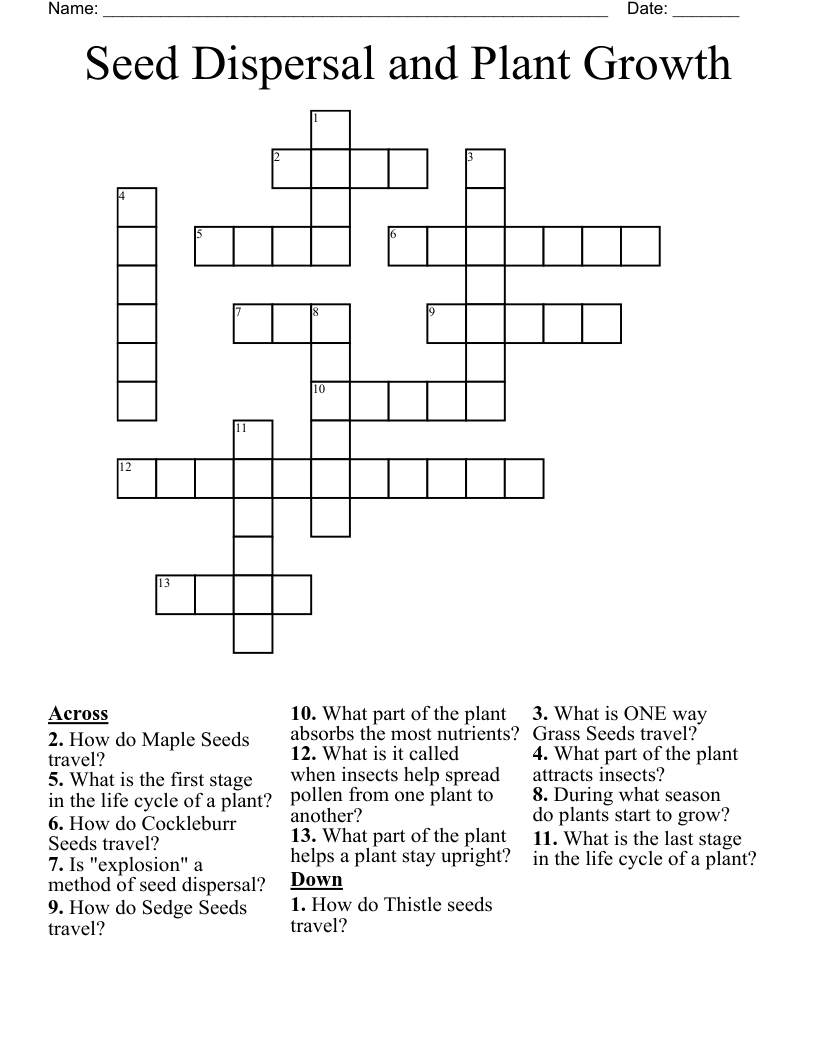Seed Dispersal and Plant Growth Crossword