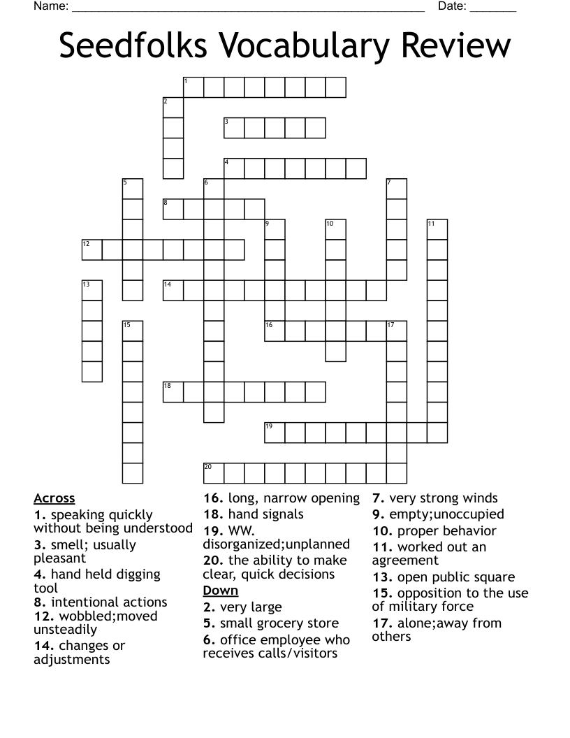 Seedfolks Vocabulary Review Crossword