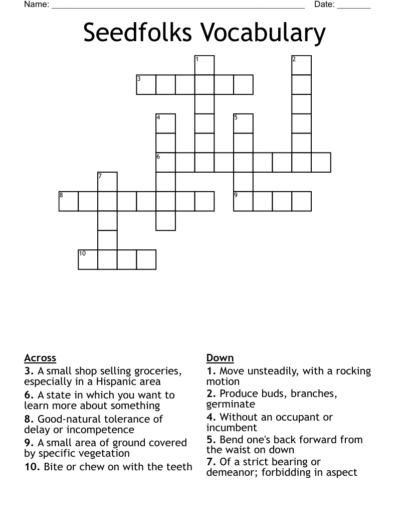 Seedfolks Vocabulary  Crossword