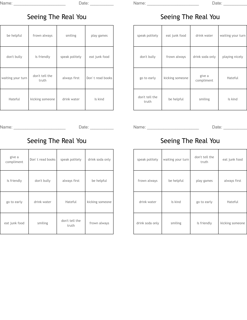 Seeing The Real You Bingo Cards
