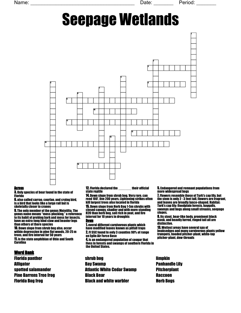 Seepage Wetlands Crossword