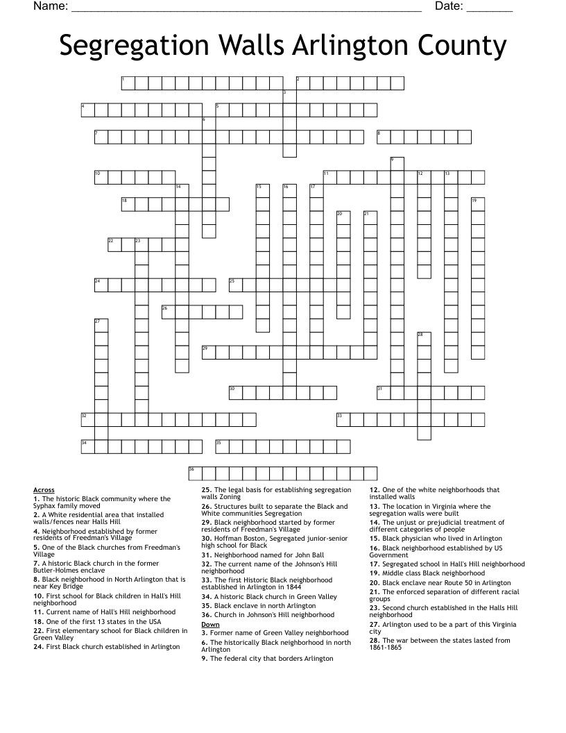 Segregation Walls Arlington County Crossword