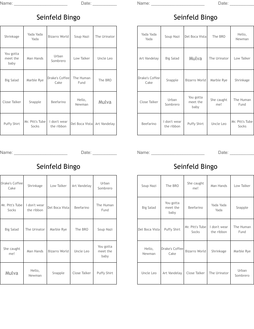 Seinfeld Bingo