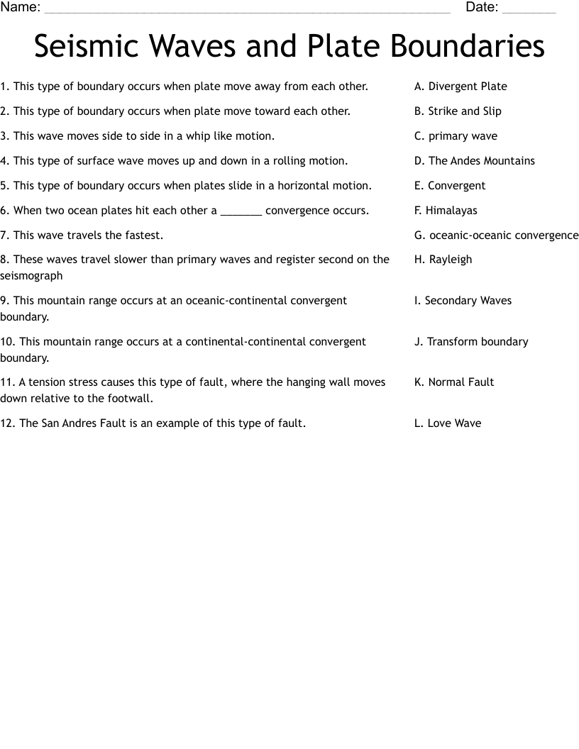 Seismic Waves and Plate Boundaries  Worksheet