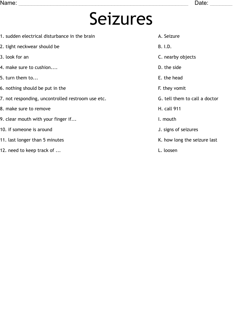 Seizures Worksheet