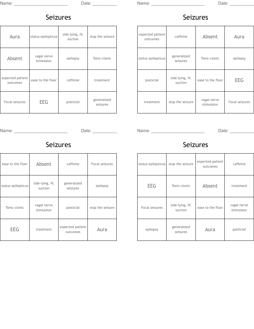 Seizures Bingo Cards