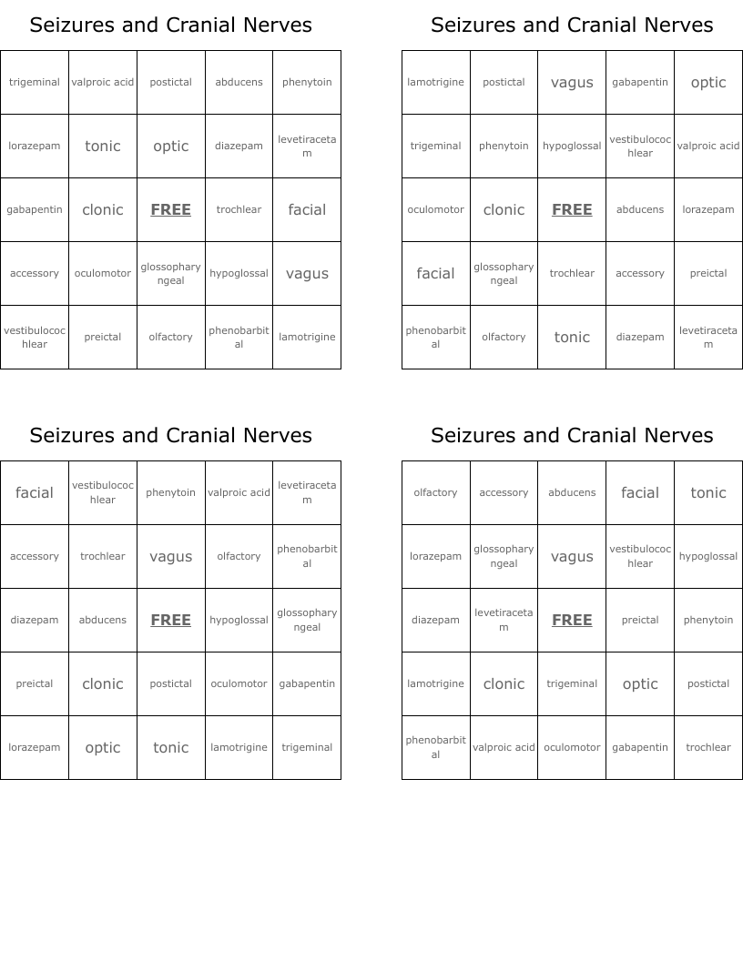 Seizures and Cranial Nerves Bingo Cards