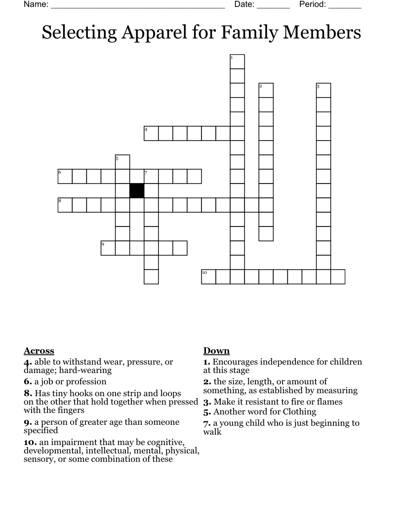 Selecting Apparel for Family Members Crossword